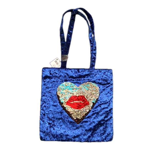 Faux Velvet Blue Glitter Heart Tote Bag - Brand New - Picture 2 of 3